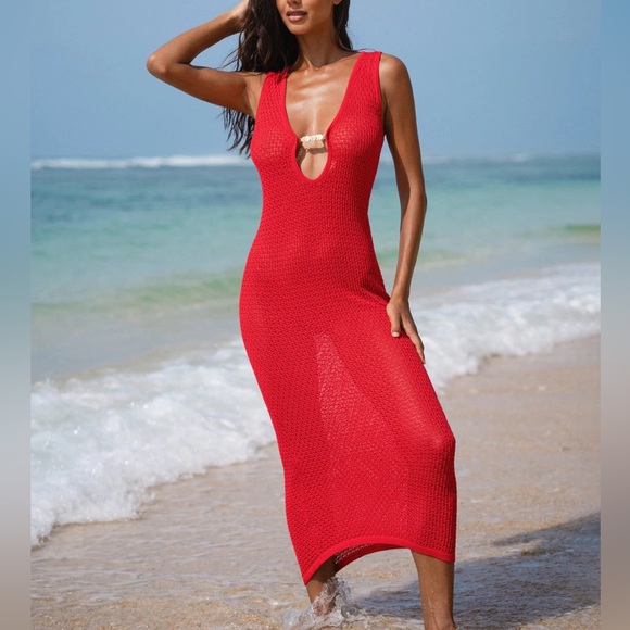 Berlook Dresses & Skirts - Berlook Red Crochet Cutout Cover-up Maxi Dress